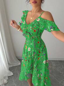 Elenzga Vestido de vacaciones con estampado floral y volantes asimétricos para mujeres - Verde - Ver 6