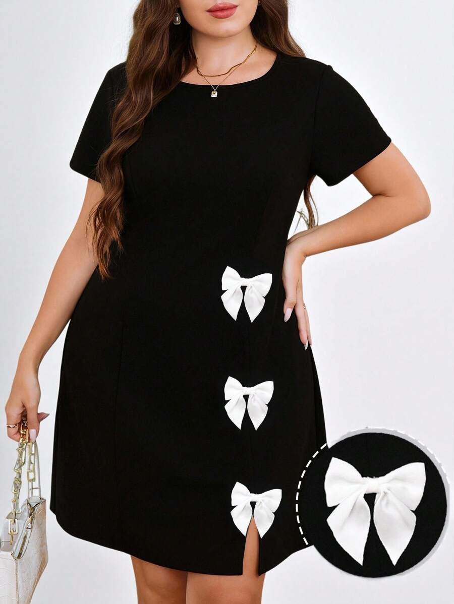 Chikora Đầm midi tay ngắn cổ tròn trang trí nơ thanh lịch cỡ lớn, trang phục mùa hè cho phụ nữ, váy mùa hè cho phụ nữ, váy dạ hội, váy mùa hè, váy đen, váy tốt nghiệp, váy dự tiệc cưới cho phụ nữ, váy sinh nhật cho phụ nữ - màu đen - Xem 1
