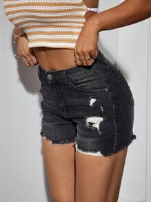 SHEIN EZwear Quần Short Denim Thời Trang Nữ, Thích Hợp Cho Mùa Hè - Màu xám đen - Xem 7