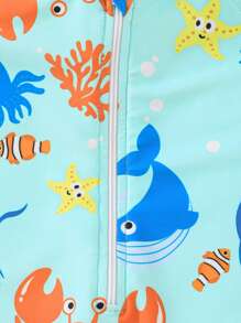 SHEIN Leap Crew 男宝宝/女宝宝蓝色螃蟹和海洋生物针织软领连体泳衣适合海滩度假游泳，夏季