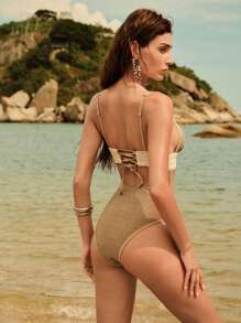 Anewsta Elegant V-Neck Wrap Metallic Ribbon One-Piece Swimsuit, High-End And Sophisticated, Spring/Summer - Gold - View 2