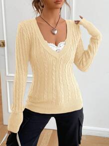 SHEIN EZwear 女式春季时尚 1 件纯色粗针织 V 领两件套毛衣