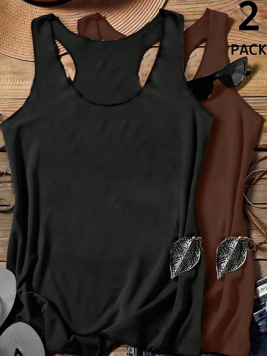 SHEIN LUNE 2件套女士纯色圆领休闲无袖上衣，适合春夏返校季穿着