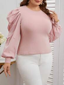 SHEIN Privé Kích thước lớn Của phụ nữ Trân châu Dát Đầy Chân Của Tay áo Áo - Hồng - Xem 4