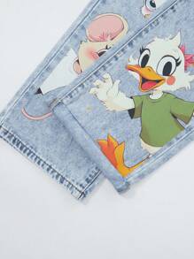 SHEIN ChillGRL 青少年女孩时尚可爱搞笑卡通动物印花浅色水洗宽松松紧腰牛仔裤 - 淺色水洗藍 - 查看 11