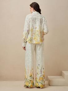Anewsta Women Floral Print Lace Hollow Blouse And Long Pants Set, Elegant 2 Pieces Outfit
