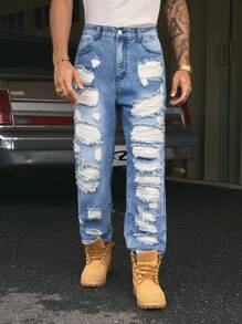 AXEPEAK Men's Casual Versatile Straight Leg Ripped Jeans With Pockets - Blue - View 5