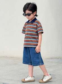 SHEIN 男童休闲拼布马球领条纹短袖T恤