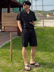 DAZY 2pcs/Set Men's Solid Black Shirt Set, Summer - Black - View 3