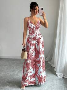 Elenzga 女士优雅吊带背心连体裤，采用收腰设计 - 紅色 - 查看 1