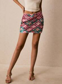 Poéselle Falda mini corta con diseño geométrico brillante, adecuada para ocasiones de fiesta