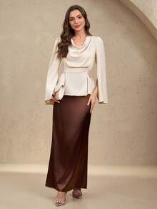 EMERY ROSE Women's Solid Color Lapel Split Long Sleeve Elegant Blouse, Autumn Peplum Top - Apricot - View 5