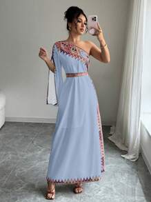 Elenzga Asymmetrischer Ausschnitt, geometrischer Muster, elegantes vintage langes Kleid - Babyblau - Übersicht 5