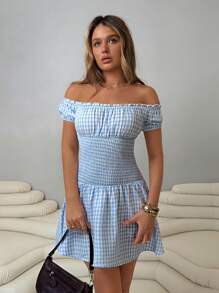 Roylia 女士时尚格子单肩、褶皱腰荷叶边 A 字连衣裙 - 藍白色 - 查看 1