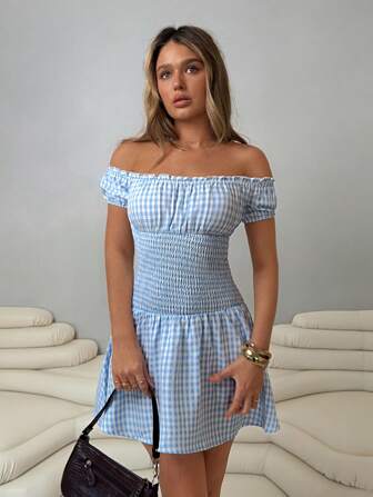 Roylia 女士时尚格子单肩、褶皱腰荷叶边 A 字连衣裙