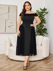Modelyn Plus Size Elegant Solid Color Knit Lace Patchwork Off Shoulder Ruched A-Line Black Dress, Spring/Summer - Black - View 6