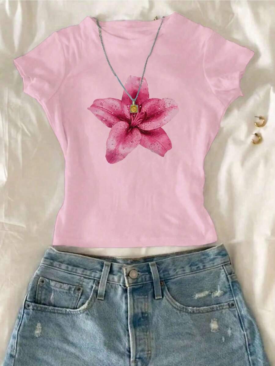 SHEIN Camiseta informal y sencilla con estampado floral rosa para niña preadolescente, adecuada para usar en verano - Rosa - Ver 1
