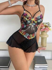SHEIN Vrouwen Love Rhinestone Buckle Decor Kleurrijke Borduurwerk Splicing Mesh Jumpsuit