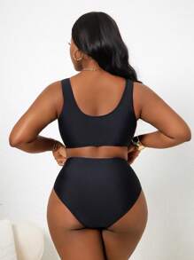 Slaydiva Set de 2 piezas de traje de baño informal de color contrastante para mujer de talla grande - Multicolor - Ver 2
