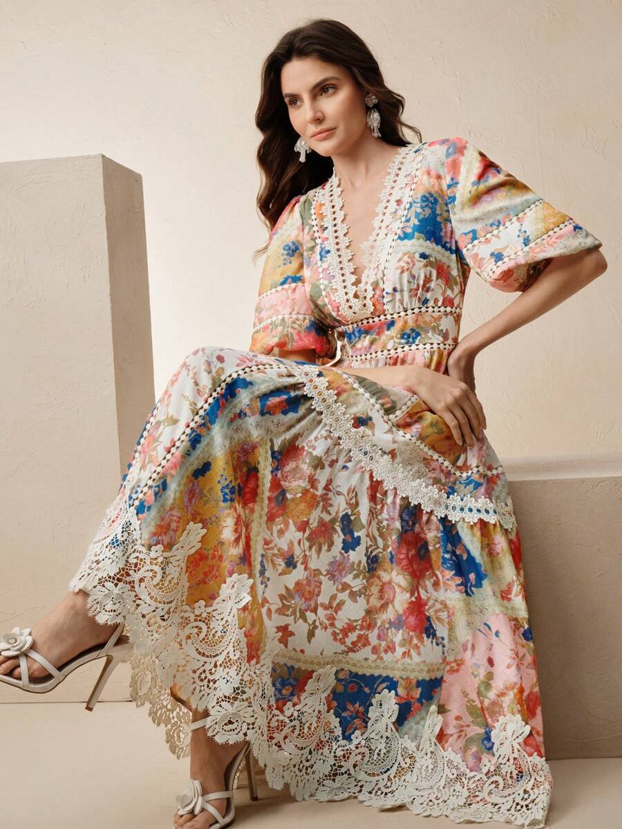 Anewsta Vestido de manga linterna con cuello en V, cintura ceñida y estampado floral con aplicaciones de encaje - Multicolor - Ver 1