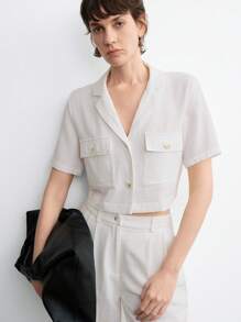 Aalyst Women's Spring And Summer Linen French Style Elegant Simple High-End Commute Office Casual Resort Lapel Button Two Pockets Short Sleeve Shirt + Straight Leg Pants Suit Set, 2 Pieces - White - View 5