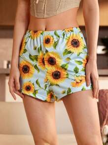 向日葵印花女士松紧腰短裤睡裤 - 藍色 - 查看 4