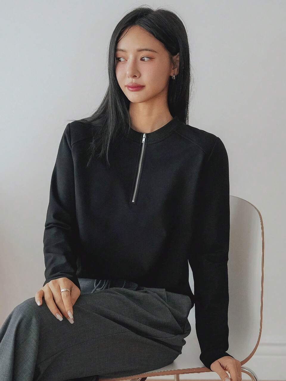Women's Loose Casual Office Wear Solid Color Basic Half Open Collar Long Sleeve Top, Spring/Autumn,Fall Women Clothes