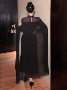 DAZY Women's Chiffon Patchwork Mock Neck Cape Style Bodycon Dress,Elegant Black Autumn Party Birthday Dining Dress,Plus Size Casual Spring/Summer Clothes - Black - View 6