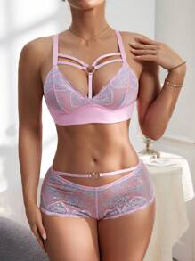 SHEIN 2 Stück/Set Spitze Cut Out Herz Schnalle Drahtloser Sexy BH-Set für Frauen - Pink - Übersicht 7