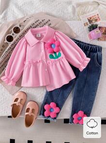 SHEIN 女宝宝粉色不对称下摆衬衫 + 牛仔裤套装