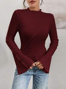 Siren Gaze Women's Solid Color Ruffle Collar Fitted Long Sleeve T-Shirt, Autumn Winter Christmas Red New Year Burgundy Casual - Burgundy - View 5