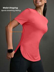 Exploreva Camiseta deportiva informal para mujer con dobladillo curvo de unicolor, de verano