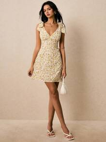 Poéselle Women's Vacation Floral Print Sleeveless Tied Shoulder Mini Dress,Vacation Dress,Casual Dresses For Woman,Vacation Outfits Woman,Old Money,Butter Yellow - Yellow - View 1