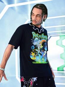 Rick and Morty X SHEIN Áo thun nam tay ngắn cổ tròn họa tiết hoạt hình - màu đen - Xem 4