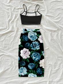 Soleia 2pcs Romantic Blue Allover Print Women's Vintage Style Casual Vacation Set, Sexy, Cute, Y2K Coconutgirl Boho Music Festival Style, Suitable For Summer Suitable For Going Out - Multicolor - View 2