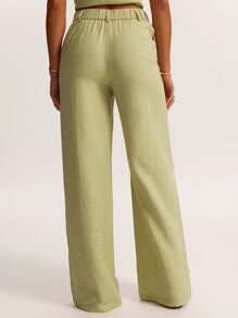 SHEIN BAE Damen Frühlings- und Sommermode salbeigrüne Leinwand-Twill-Hose mit Knöpfen und Taschen, einfaches, tailliertes Design, für den täglichen Gebrauch, Pendeln, Lässig, modischen Straßenstil, klassischen Stil, Büro-Sirene, Büro/Frühling/Leinenhose/Business Lässig/Business Lässig