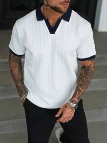 Manfinity Homme 男士休闲通勤拼色短袖 Polo 衫 - 白色 - 查看 5