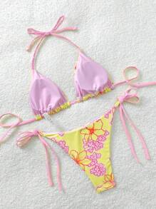 Soleia Set de 2 piezas Bikini estampado floral con nudo delantero para mujer, para vacaciones - Multicolor - Ver 2