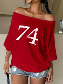 Women's Casual Off-Shoulder T-Shirt With Letter & Number Print - Multicolor - View 2
