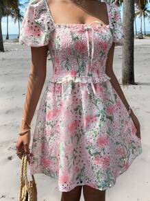 SHEIN EZwear Tea Party Dress Pink Short Romantic Embroidered Summer Dress Island Vacation Beach Dress - White - View 5