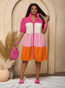 Slaydiva Nuovi arrivi primavera/estate 2025, regalo per la festa della mamma, abito casual estivo, abito basic per vacanza, abito ampio a blocchi di colore con maniche a palloncino e scollo aperto