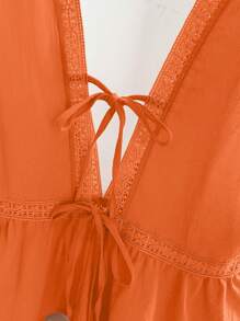INAWLY New Summer Stylish Slim Contrast Lace Deep V-Back Top - Orange - View 4