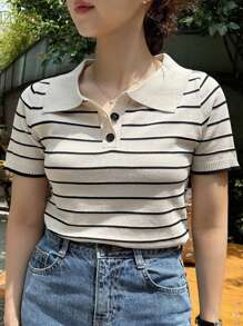 Dazy Plus Plus Size Solid Color Polo Collar Slim Fit Short Sleeve Knitted Top, Spring/Summer/Autumn, Back To School Clothes - Apricot - View 1