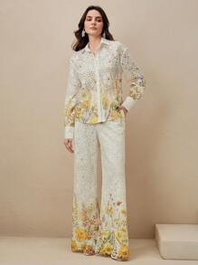 Anewsta Women Floral Print Lace Hollow Blouse And Long Pants Set, Elegant 2 Pieces Outfit