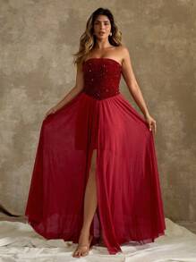 Allurite Plus Size Glitter Contrast Mesh Hem Strapless Dress With High Hem Slit, Perfect For Music Festivals Maxi Women Outfit