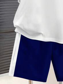 Set de 2 piezas de camiseta de cuello redondo con gráfico minimalista del número 26 y pantalones cortos, informal para niño preadolescente, apropiado para el verano