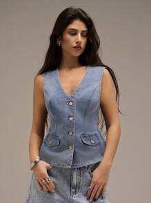 SHEIN Forever 21 全新 V 领无袖浅色水洗复古高街牛仔背心，女款，夏季 - 淺色水洗藍 - 查看 1