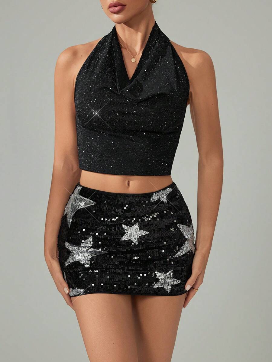 SHEIN Tall 女款五角星亮片裝飾緊身迷你裙，夜店性感風，適合高個女性 - 黑色 - 查看 1