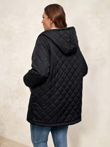 SHEIN Clasi Plus Size Casual Solid Color Diamond Quilted Padded Hooded Jacket For Winter - Black - View 2