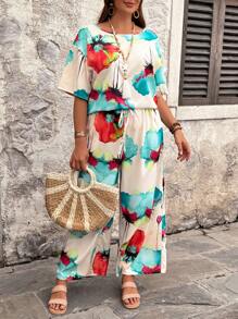 EMERY ROSE 流行女式休闲优雅编织花卉印花荷叶边领宽松套头衫和松紧腰阔腿长裤两件套，加大码夏季 - 杏色 - 查看 5